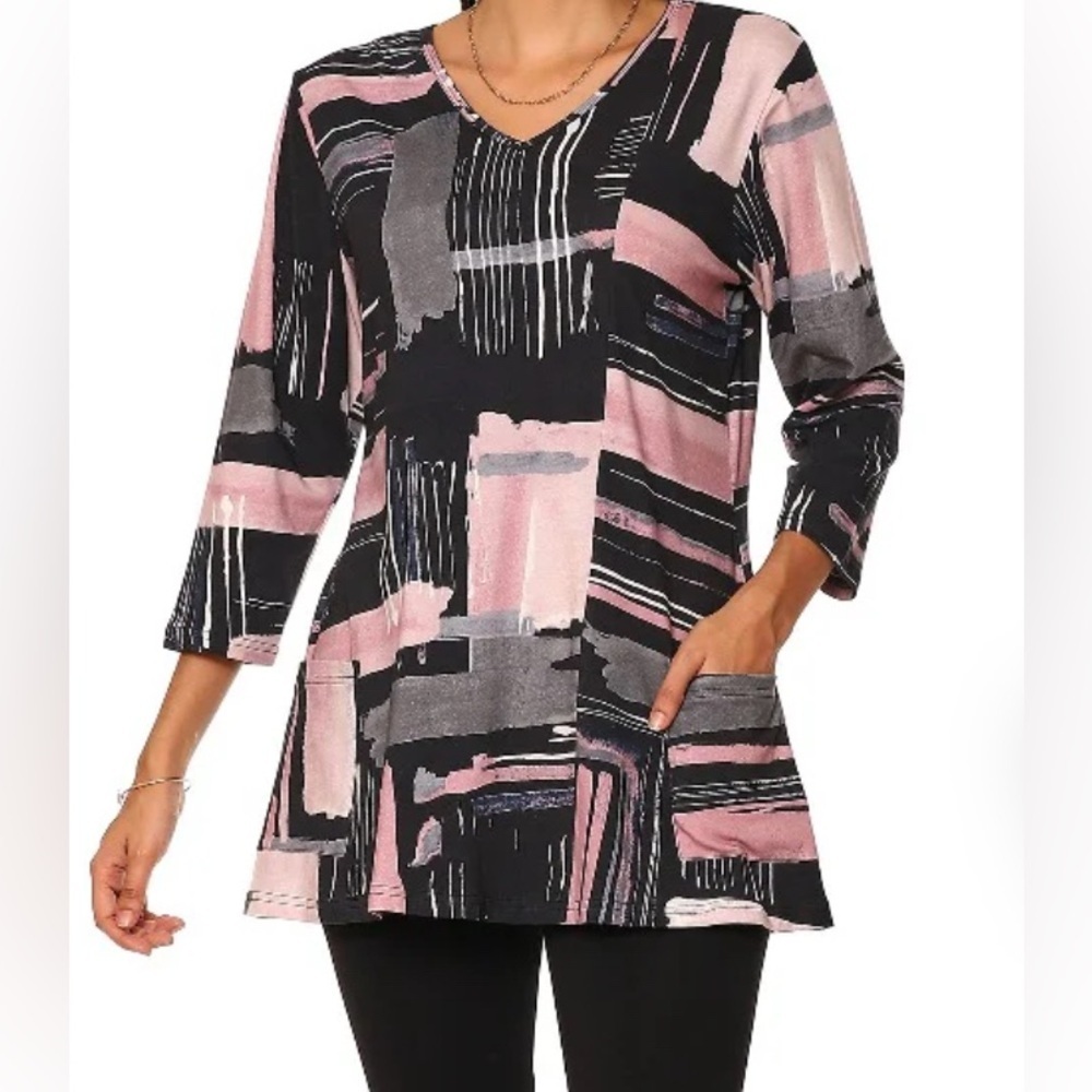 Parsley & Sage Pink Navy  Abstract Print V-Neck Tunic Pockets Art To Wear Size M
